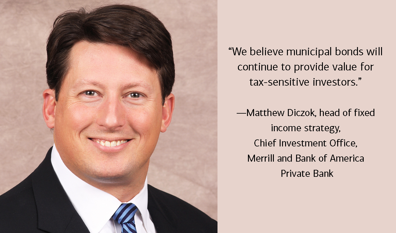 Matthew Diczok, head of fixed income strategy, Chief Investment Office, Merrill and Bank of America Private Bank, next to his quote: “We believe municipal bonds will continue to provide value for tax-sensitive investors.”
