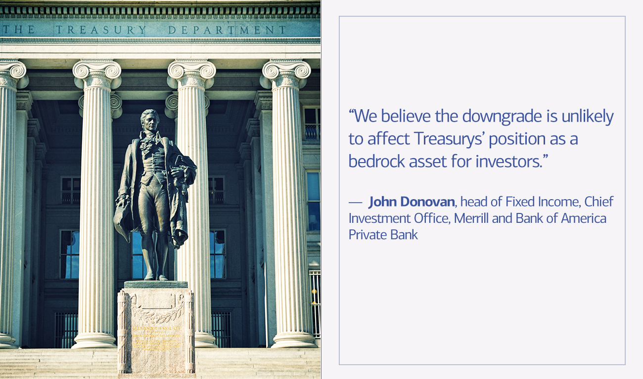 John Donovan, head of Fixed Income, Chief Investment Office, Merrill and Bank of America Private Bank next to his quote “We believe the downgrade is unlikely to affect Treasurys’ position as a bedrock asset for investors.”